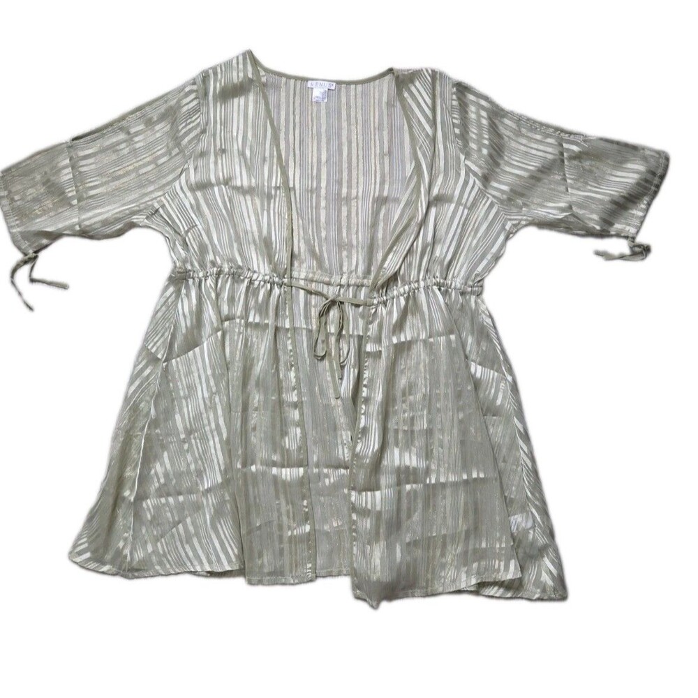 Venus Sage Green Gold Metallic Stripe Sheer Swimsuit Cover Up Kimono L XL EUC